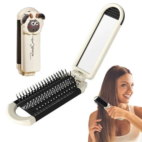 Folding Hair Brush with Mirror - 2 in 1 Portable Combo